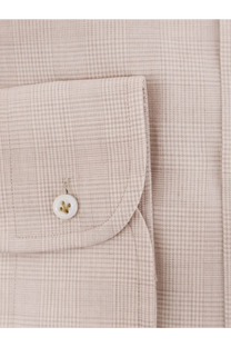 BOSS men’s cotton dress shirt in beige with check pattern and white button for formal and casual wear
