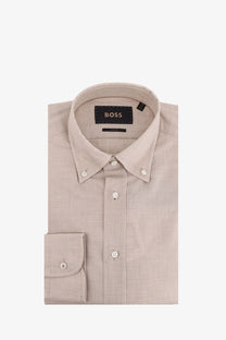A neatly folded beige boss men’s cotton button-down shirt with a subtle textured weave and white buttons