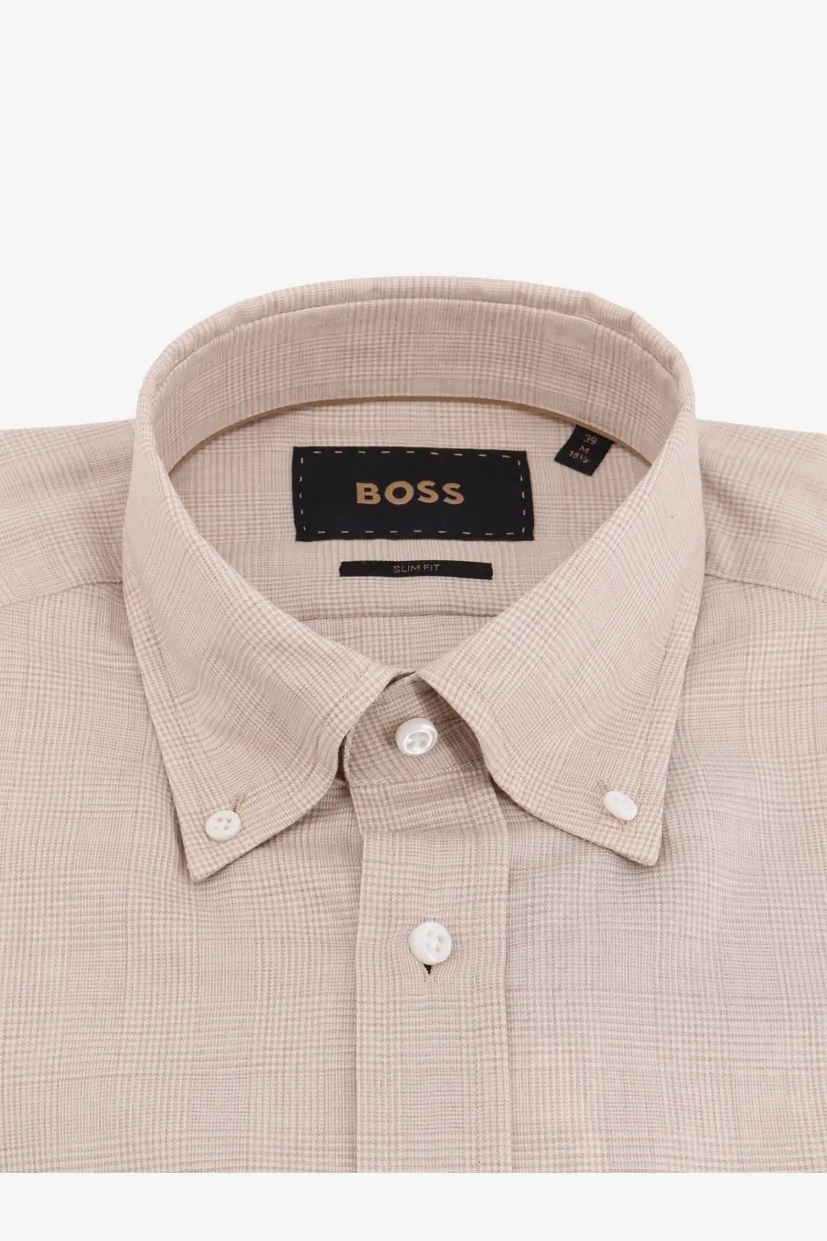 BOSS men’s beige cotton button-down shirt with plaid pattern white buttons and black boss label on the front