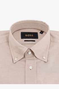 BOSS men’s beige cotton button-down shirt with plaid pattern white buttons and black boss label on the front