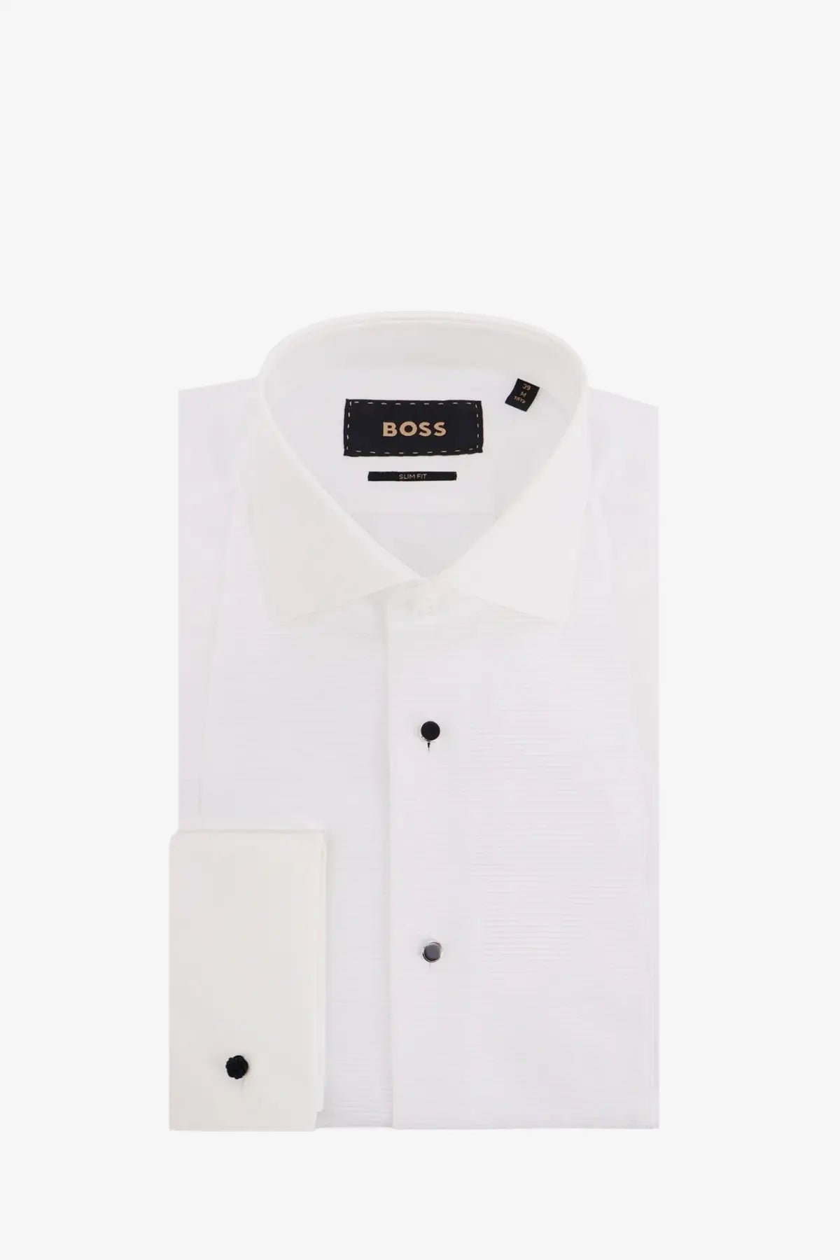 BOSS men’s cotton white formal shirt with black button accents perfect for professional wear