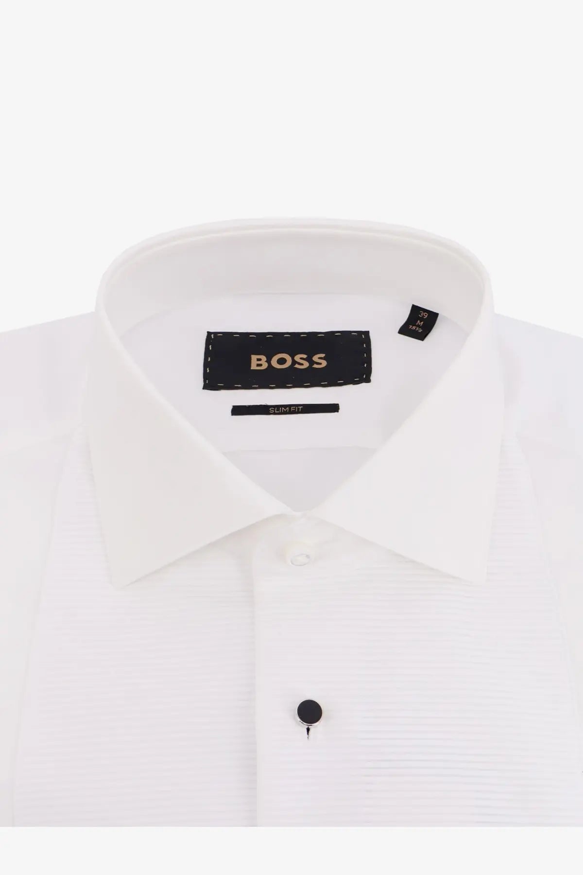 BOSS men’s white cotton slim fit dress shirt with a crisp collar and subtle textured fabric