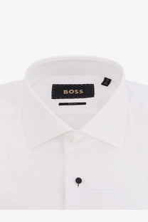 BOSS men’s white cotton slim fit dress shirt with a crisp collar and subtle textured fabric