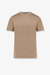 BOSS men’s cotton and silk brown short-sleeved shirt with subtle textured weave and white inner collar detail