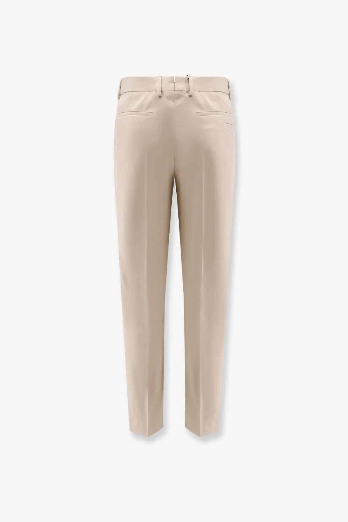 Beige BOSS men’s tailored cotton and silk trousers with a sleek straight-leg cut and subtle back pleats, back view