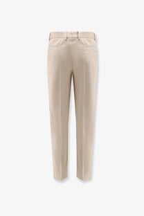 Beige BOSS men’s tailored cotton and silk trousers with a sleek straight-leg cut and subtle back pleats, back view