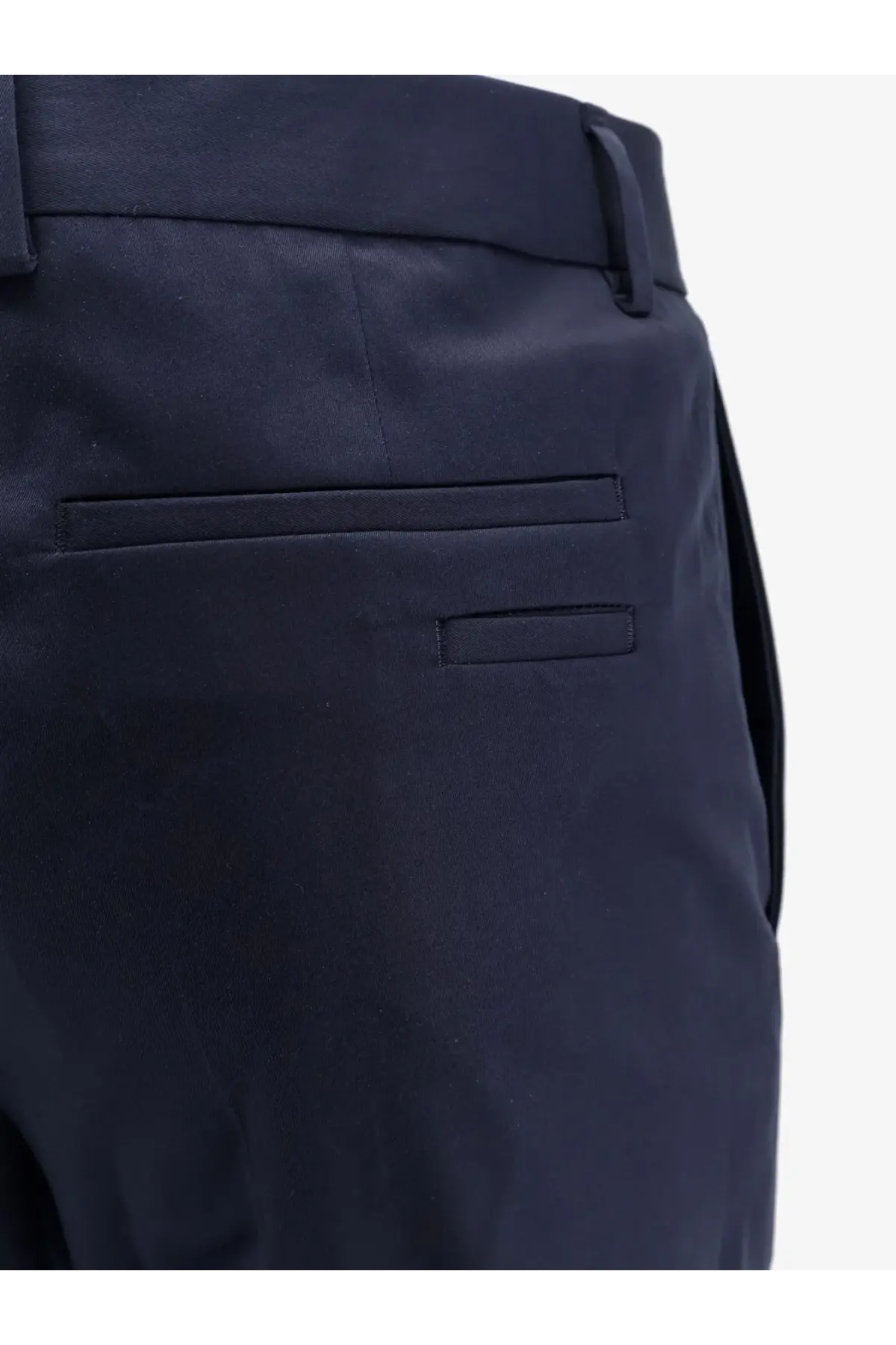 Dark navy blue boss men’s tailored cotton and silk trousers with sleek structured design and subtle stitching details