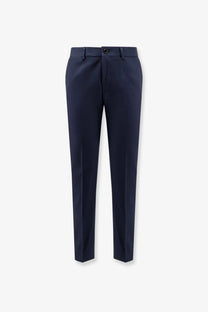 Navy blue BOSS men’s tailored cotton and silk trousers with a sleek modern cut and subtle creases