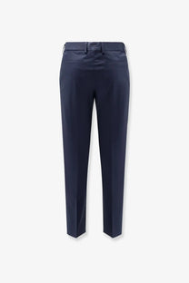 Navy blue BOSS men’s tailored cotton and silk trousers with a sleek straight-leg cut and subtle creases