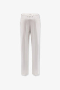 Cream-colored boss men’s tailored cotton and silk trousers with a sleek straight-leg cut and matching belt