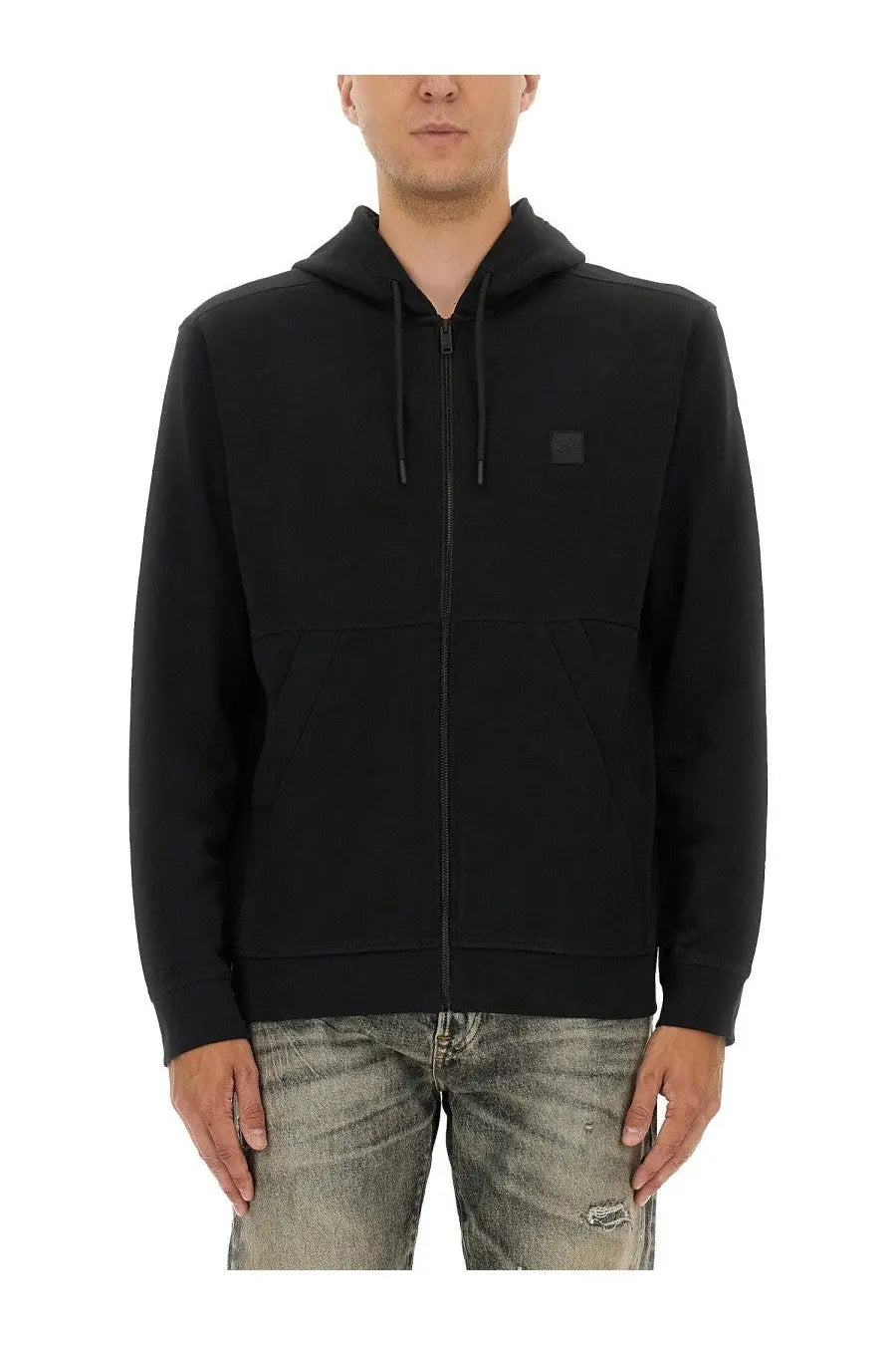 Boss men’s black cotton zip-up hoodie with subtle square chest patch and matching drawstrings
