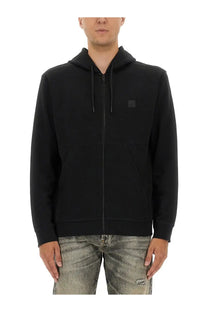 Boss men’s black cotton zip-up hoodie with subtle square chest patch and matching drawstrings