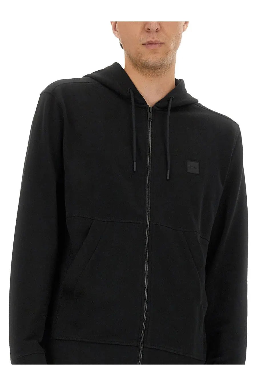 Boss men’s black cotton zip-up hoodie with subtle textured chest patch and matching drawstrings