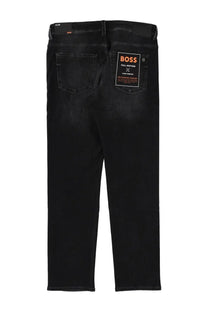Back side of black slim fit boss men’s delaware denim jeans with orange boss brand label on the pocket