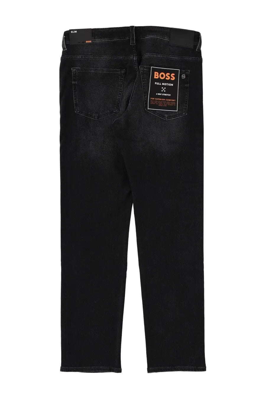 Back side of boss men’s Delaware slim fit black denim jeans with an orange boss brand label on the pocket