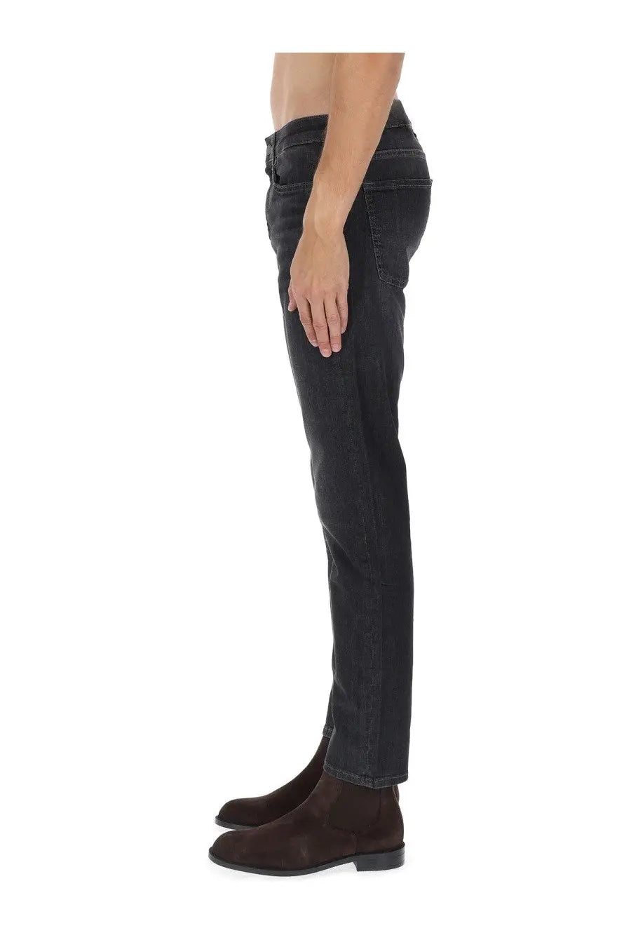 Black slim-fit denim jeans with straight leg and subtle fading details from BOSS men’s Delaware jeans blue collection