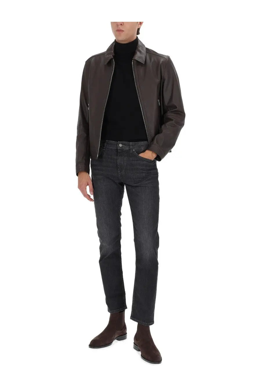 Dark brown leather moto jacket with classic collar and zippered pockets paired with boss men’s delaware jeans blue
