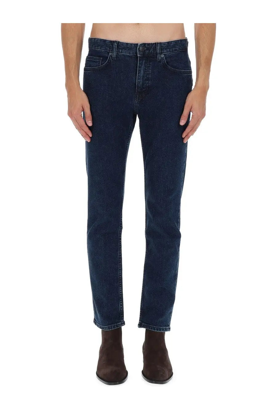 BOSS men’s Delaware jeans in dark indigo denim with straight-leg cut and classic five-pocket design in blue