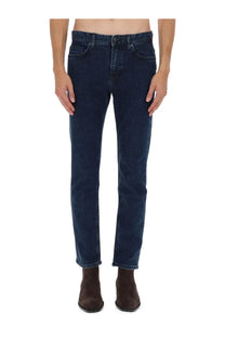 BOSS men’s Delaware jeans in dark indigo denim with straight-leg cut and classic five-pocket design in blue