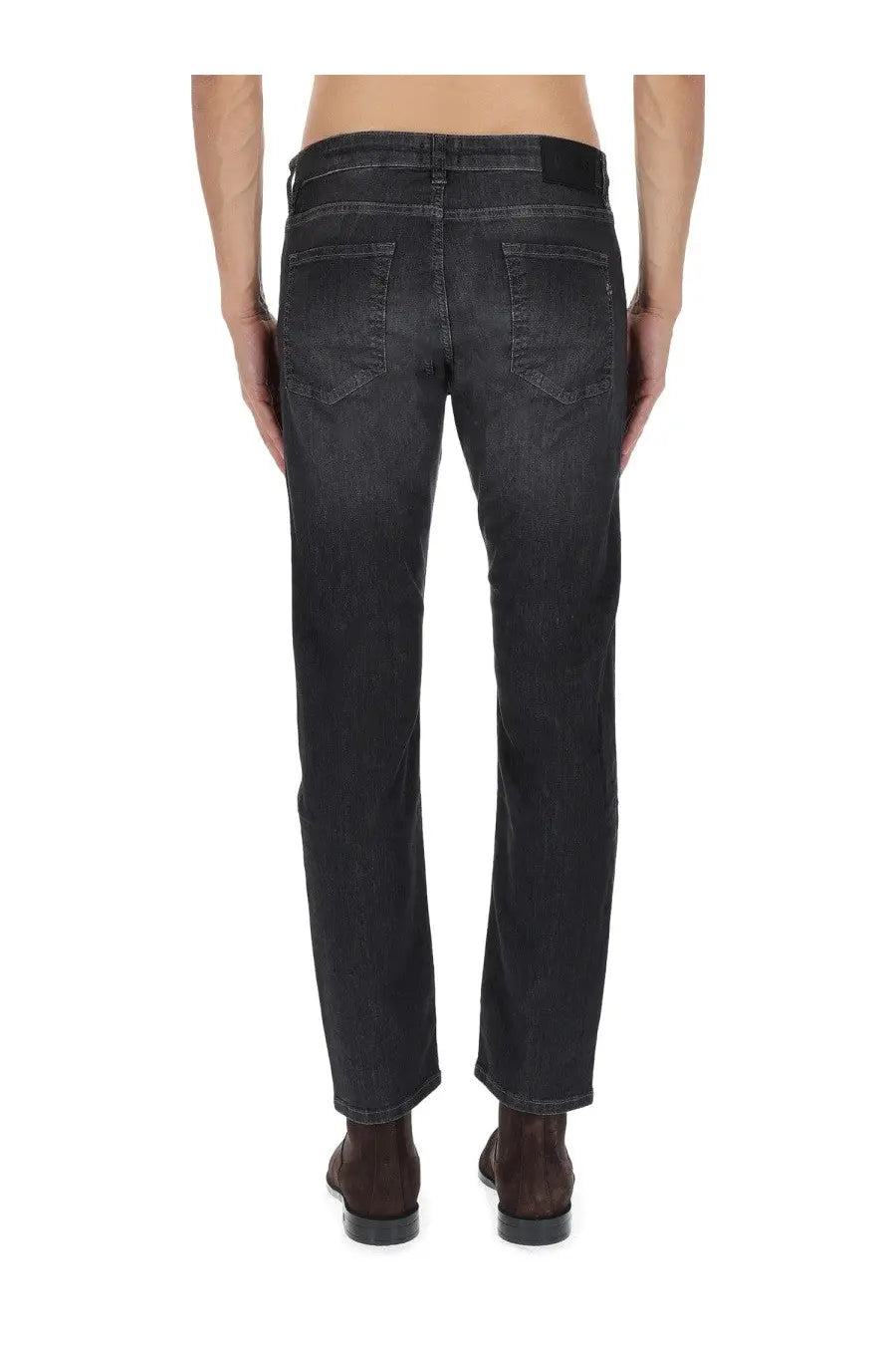 Dark-wash denim boss men’s delaware jeans blue with straight-leg cut and classic back pockets shown from the back