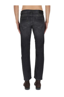 Dark-wash denim boss men’s delaware jeans blue with straight-leg cut and classic back pockets shown from the back