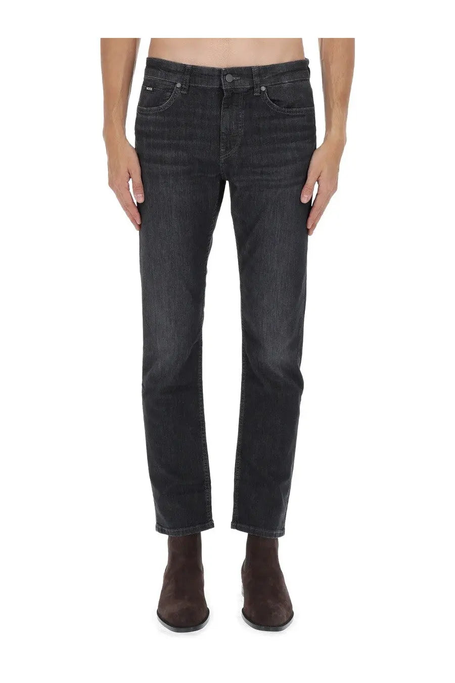 Boss men’s Delaware jeans blue dark-wash denim with straight-leg cut and classic five-pocket design