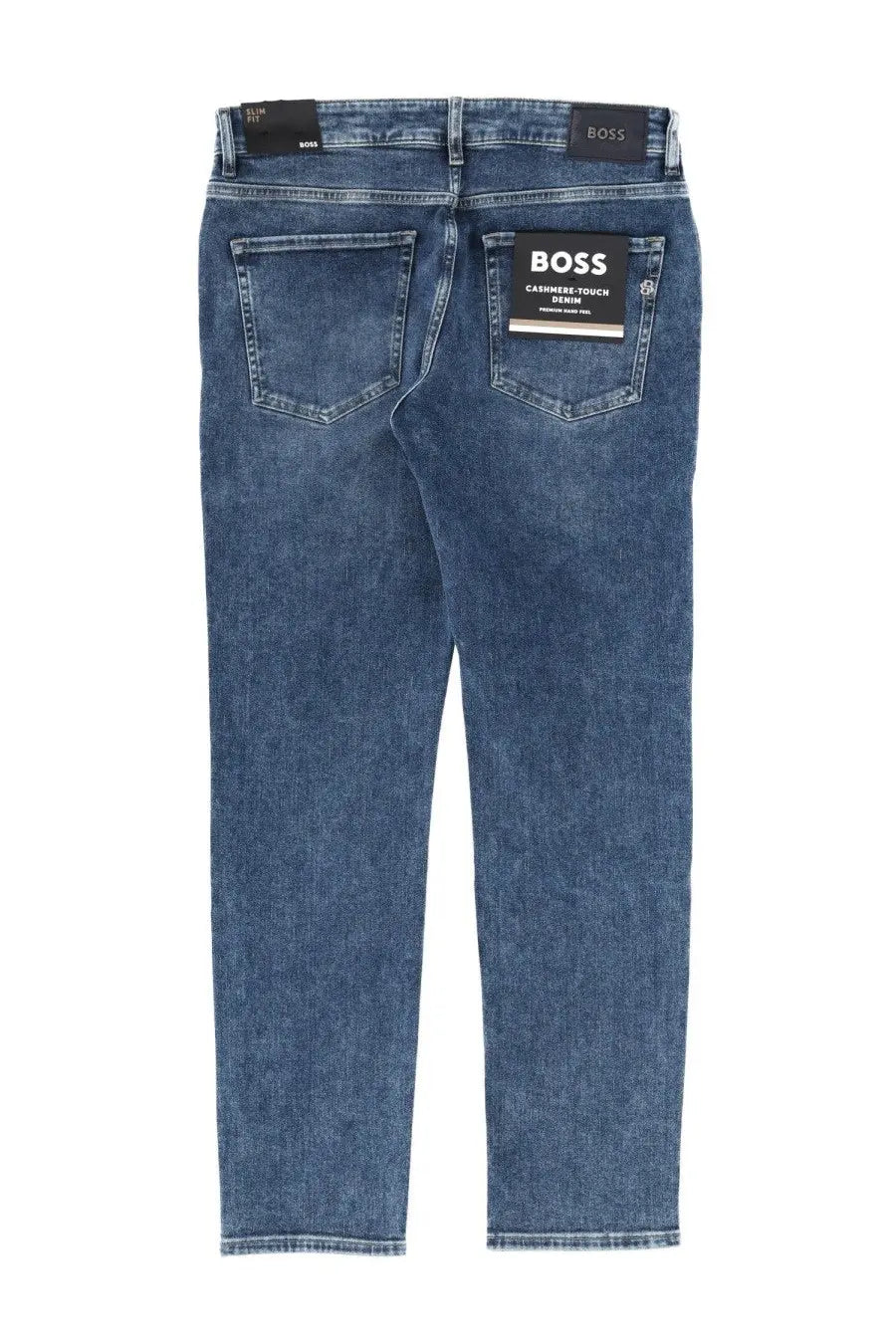 Blue denim BOSS men’s Delaware jeans with a cashmere-touch finish shown from the back with a branded pocket label