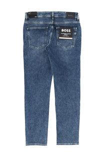 Blue denim BOSS men’s Delaware jeans with a cashmere-touch finish shown from the back with a branded pocket label