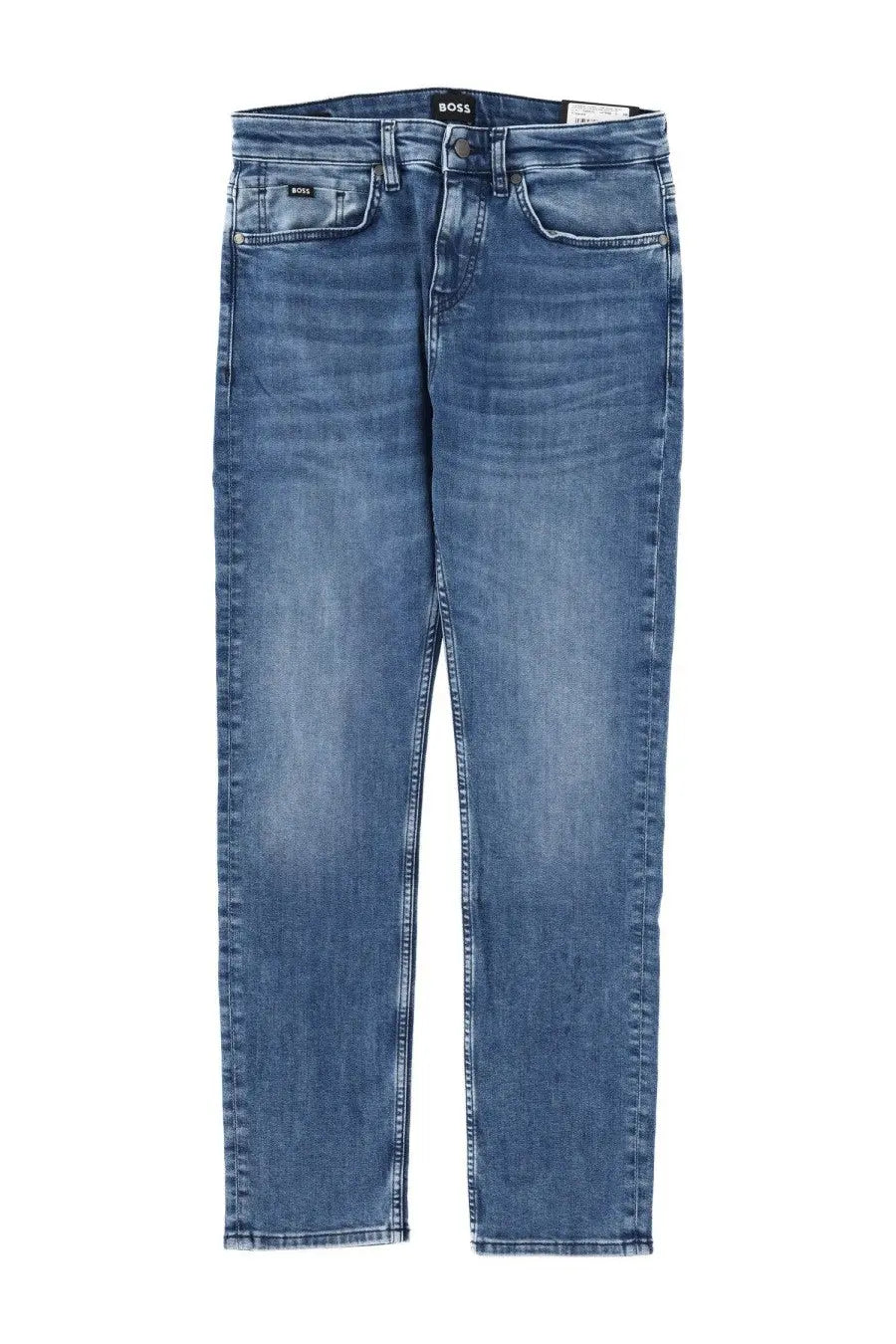 Blue denim BOSS men’s Delaware jeans with classic five-pocket design and brand label on the waistband