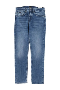 Blue denim BOSS men’s Delaware jeans with classic five-pocket design and brand label on the waistband
