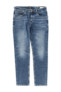 Blue denim BOSS men’s Delaware jeans with faded wash and classic five-pocket design showing the waistband label