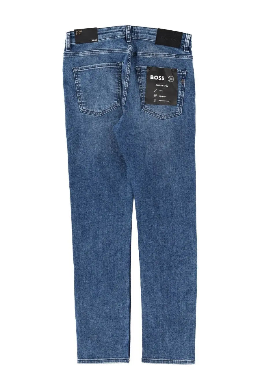 BOSS men’s Delaware slim fit blue denim jeans with black brand tags on waistband and back pocket shown from the back