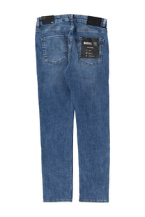 BOSS men’s Delaware slim fit blue denim jeans with black brand tags on waistband and back pocket shown from the back