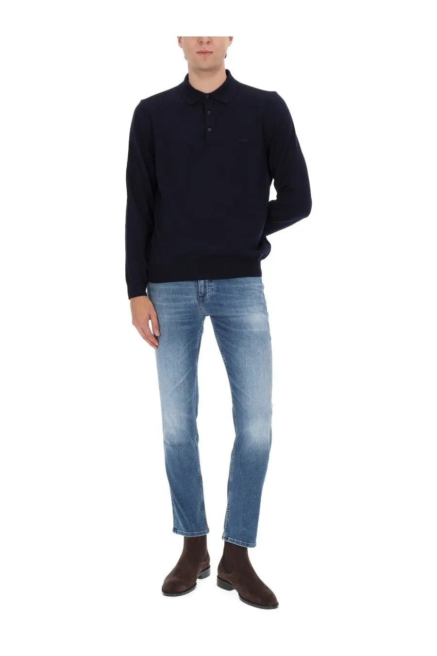 Navy blue long-sleeved polo shirt with collar and button placket from BOSS men’s Delaware jeans blue collection