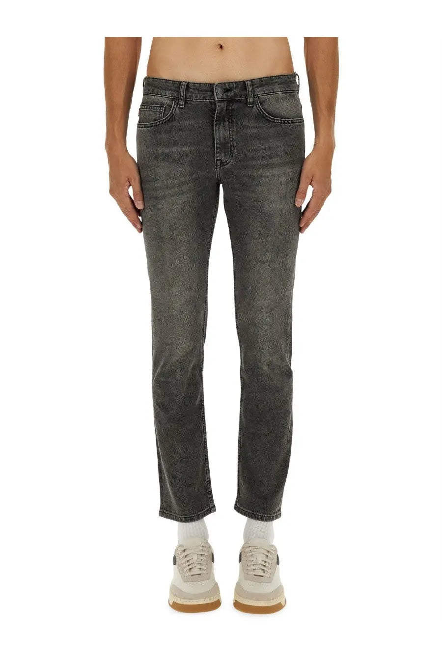 Boss men’s delaware slim fit dark gray denim jeans with straight-leg cut and subtle fading