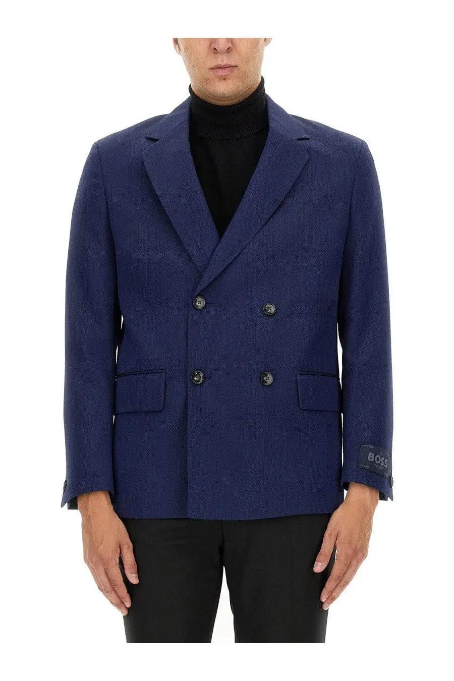 Navy blue boss men’s double breasted blazer with black buttons and subtle textured weave featuring logo cuff detail