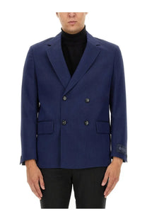 Navy blue boss men’s double breasted blazer with black buttons and subtle textured weave featuring logo cuff detail