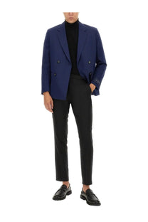 Navy blue BOSS men’s double breasted blazer with black buttons and subtle textured weave for formal wear