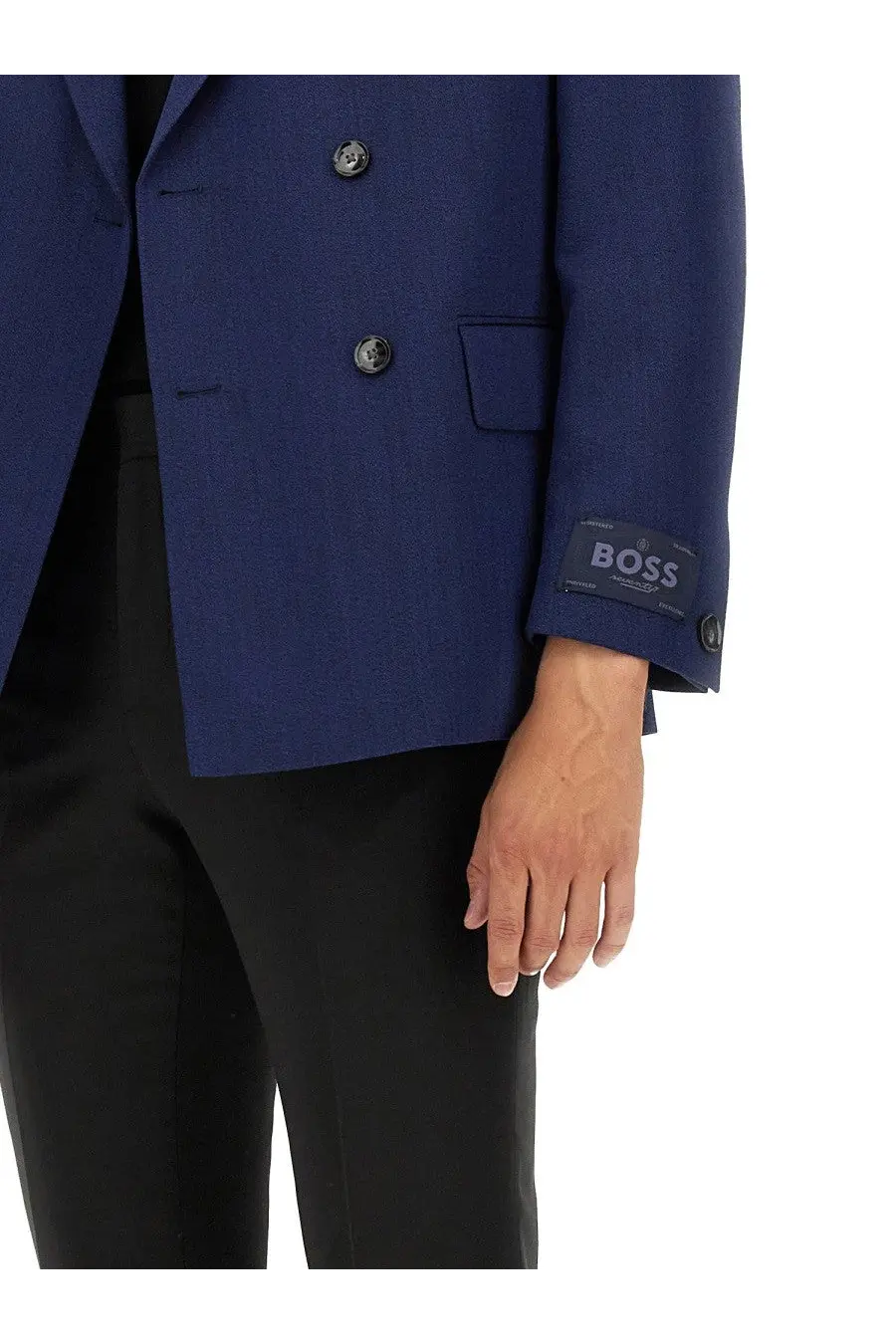 Navy blue textured wool double-breasted blazer with black buttons and boss brand label on cuff for men