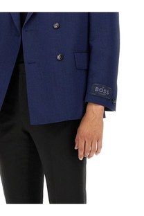 Navy blue textured wool double-breasted blazer with black buttons and boss brand label on cuff for men