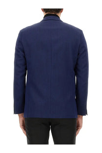 Navy blue textured wool double breasted blazer by BOSS for men perfect for formal and business wear