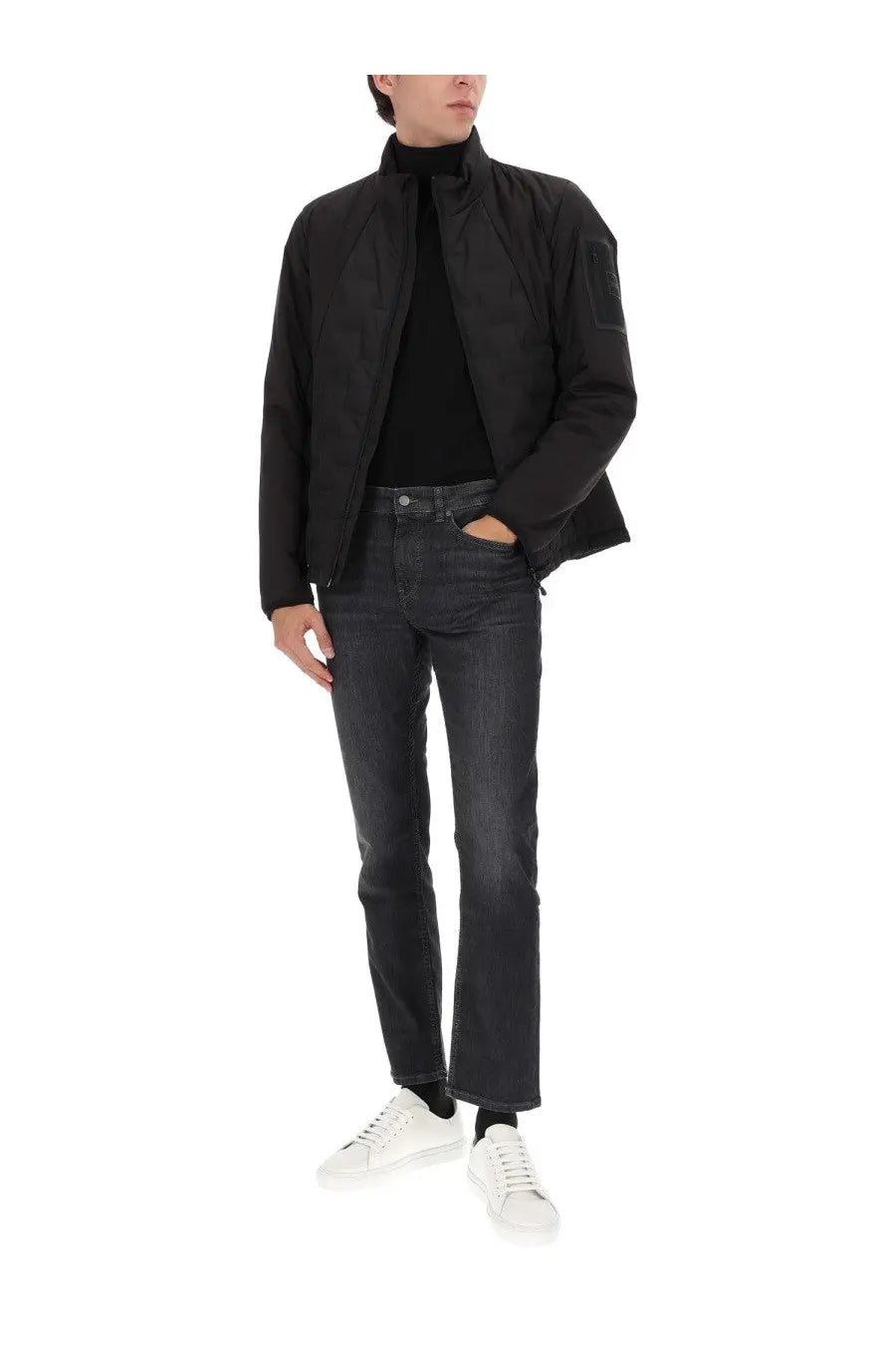 BOSS men’s black quilted down hybrid bomber jacket with high collar and subtle stitching details