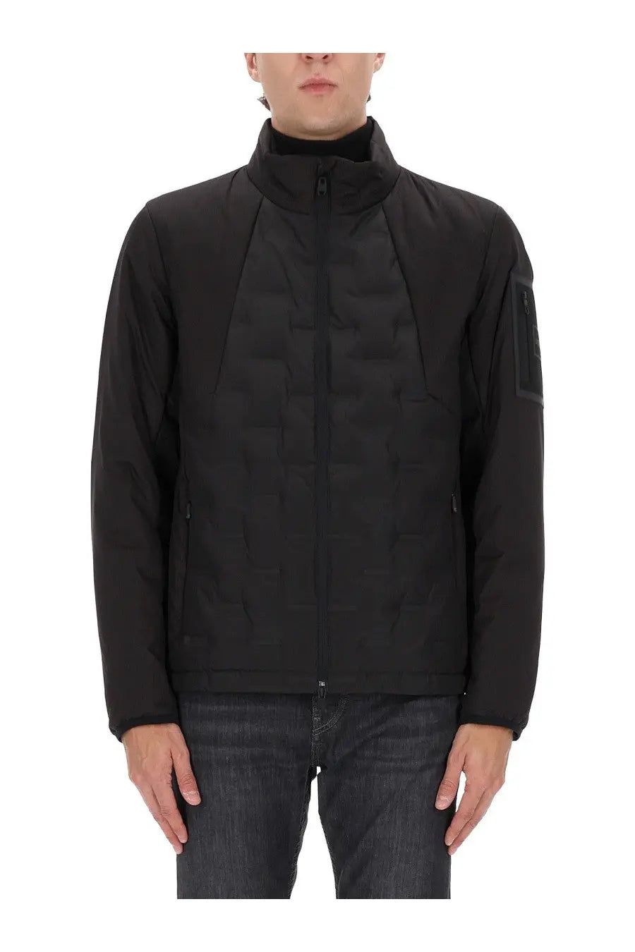 BOSS men’s black quilted down hybrid jacket with high collar and zippered pockets for warm outdoor wear