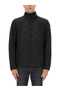 BOSS men’s black quilted down hybrid jacket with high collar and zippered pockets for warm outdoor wear