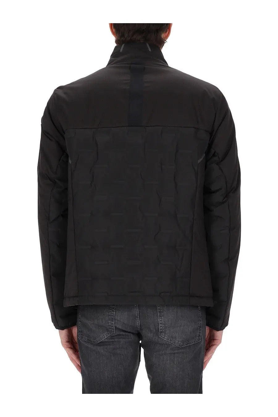Boss men’s down hybrid jacket in black featuring a high collar and subtle geometric quilted paneling