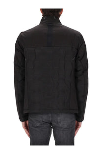 Boss men’s down hybrid jacket in black featuring a high collar and subtle geometric quilted paneling