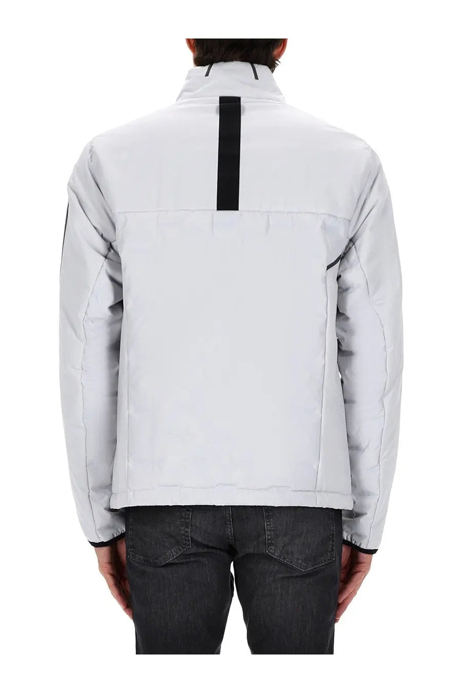 Back view of boss men’s white down hybrid puffer jacket with black vertical stripe and subtle stitching details