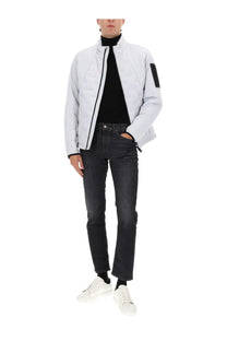 Boss men’s white quilted bomber jacket with black zipper and sleeve patch in down hybrid material