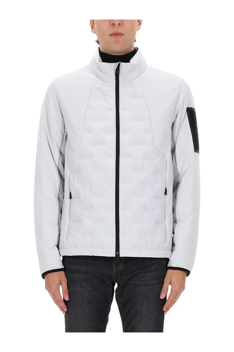 BOSS men’s white quilted down hybrid puffer jacket with black zipper and sleeve patch for cold weather wear