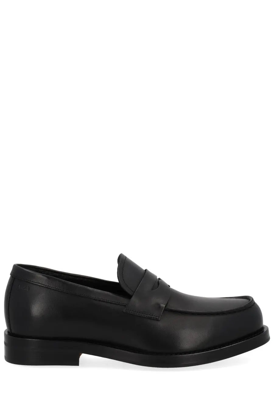 Black leather loafer with classic penny strap design from BOSS men’s Dressletic collection in black color